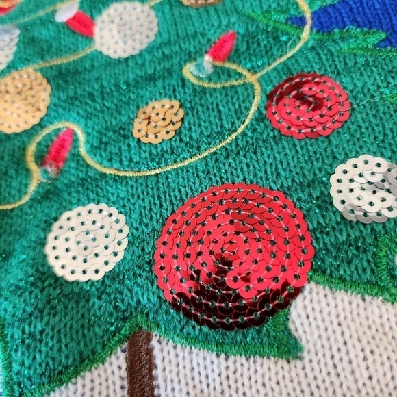 Holiday Time Reindeer Christmas Tree Blue Sweater Let It Glow Large L 12/14 EUC - Picture 9 of 12